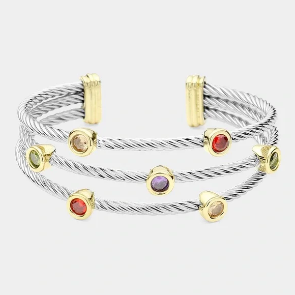 Two Tone Multi Color Cuff Cable Bracelet with Gem Accents - Picture 2 of 2
